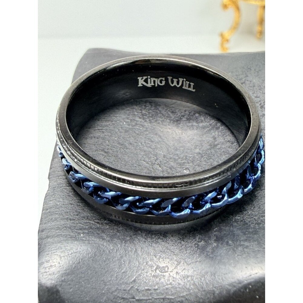 King Will Black Stainless Steel Blue Chain Spinner Ring Size 15 Mens